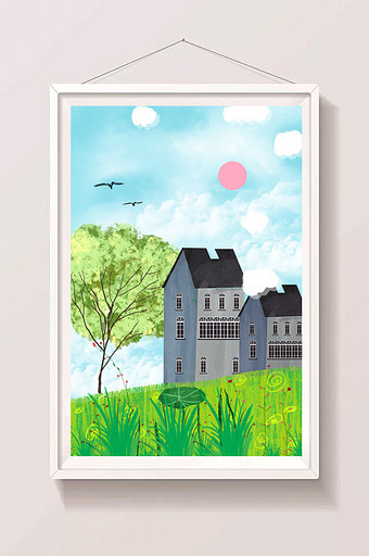 绘本风夏日卡通蓝天白云下的房子图片