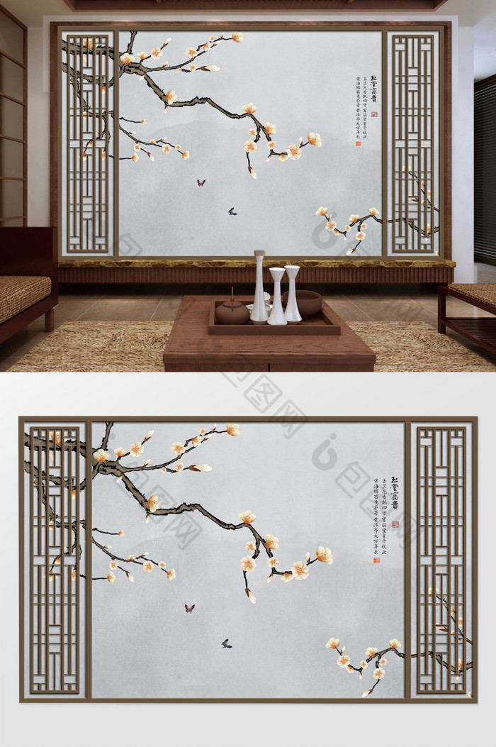新中式手绘玉兰花鸟家和富贵玉兰装饰画