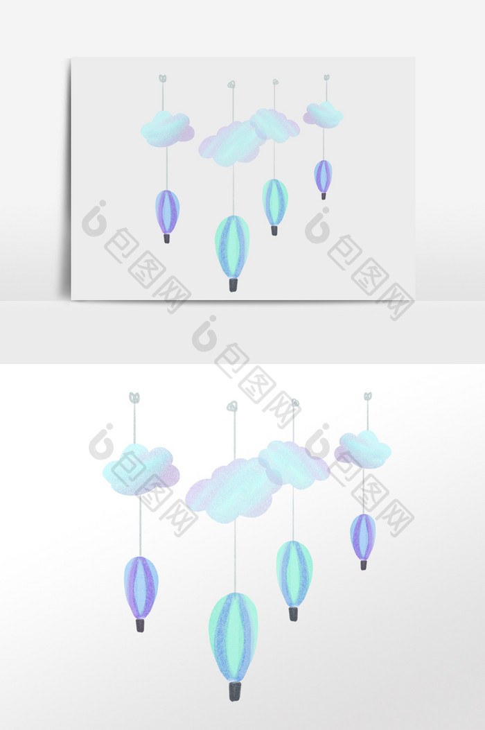 蓝色云朵气球风铃插画元素