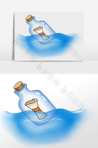 手绘蓝色漂流瓶插画元素图片