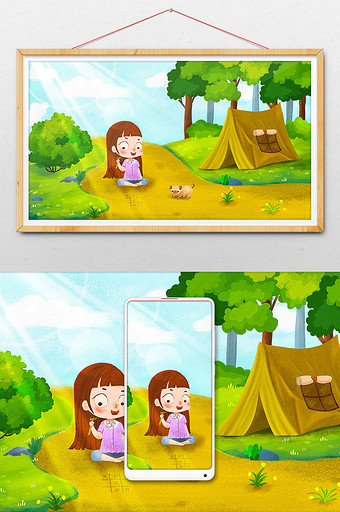 暑假绿色夏令营帐篷小美女插画图片