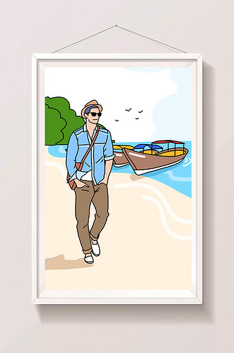 描边风海边旅行游船男生插画图片下载