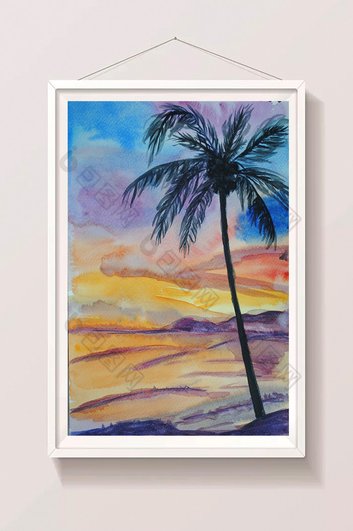 椰树蓝色夏日素材手绘背景风景清新水彩
