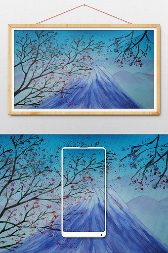 雪山蓝色夏日素材手绘风景清新水彩图片