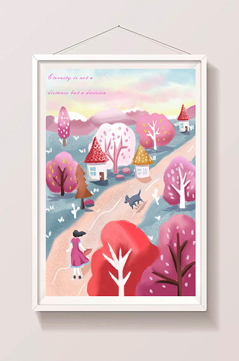 粉红色森林户外唯美手绘卡通插画图片