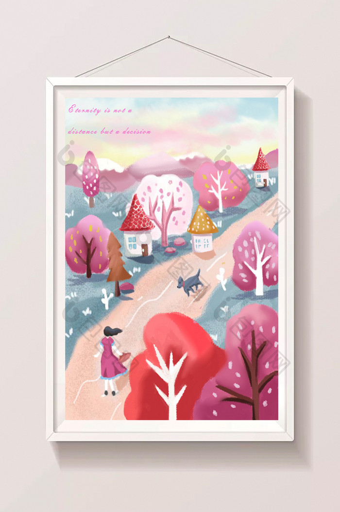 粉红色森林户外唯美手绘卡通插画