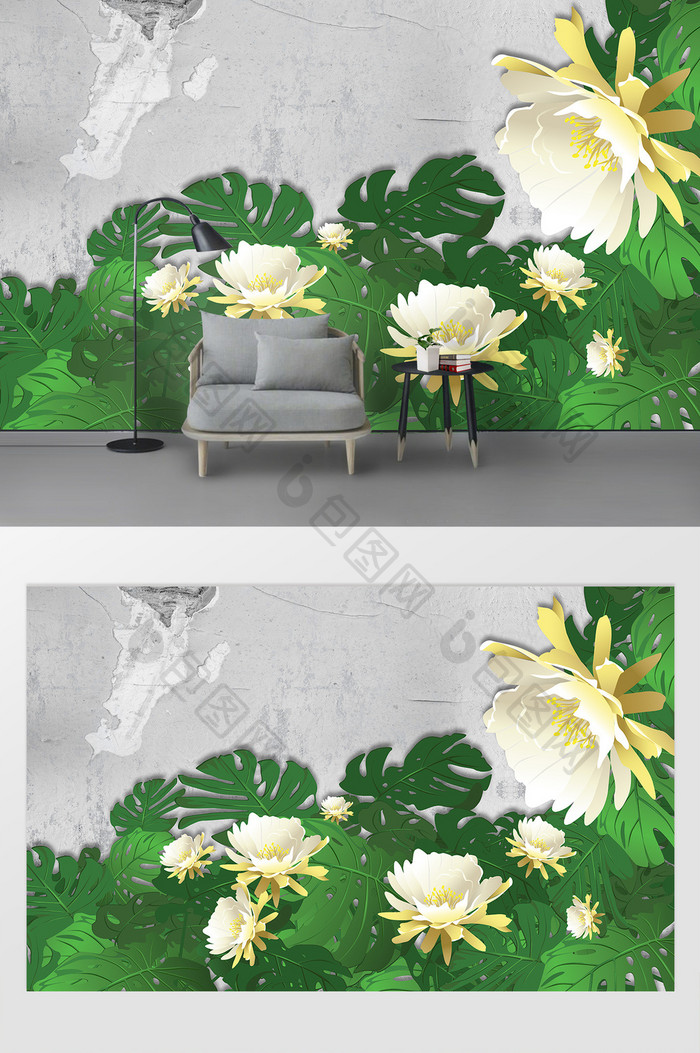 清新简约热带植物花朵电视背景墙