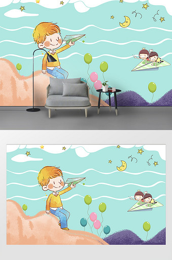北欧简约卡通可爱儿童房屋背景墙图片