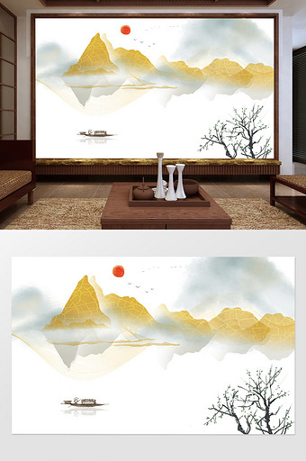 新中式金箔山水抽象线条电视背景墙图片