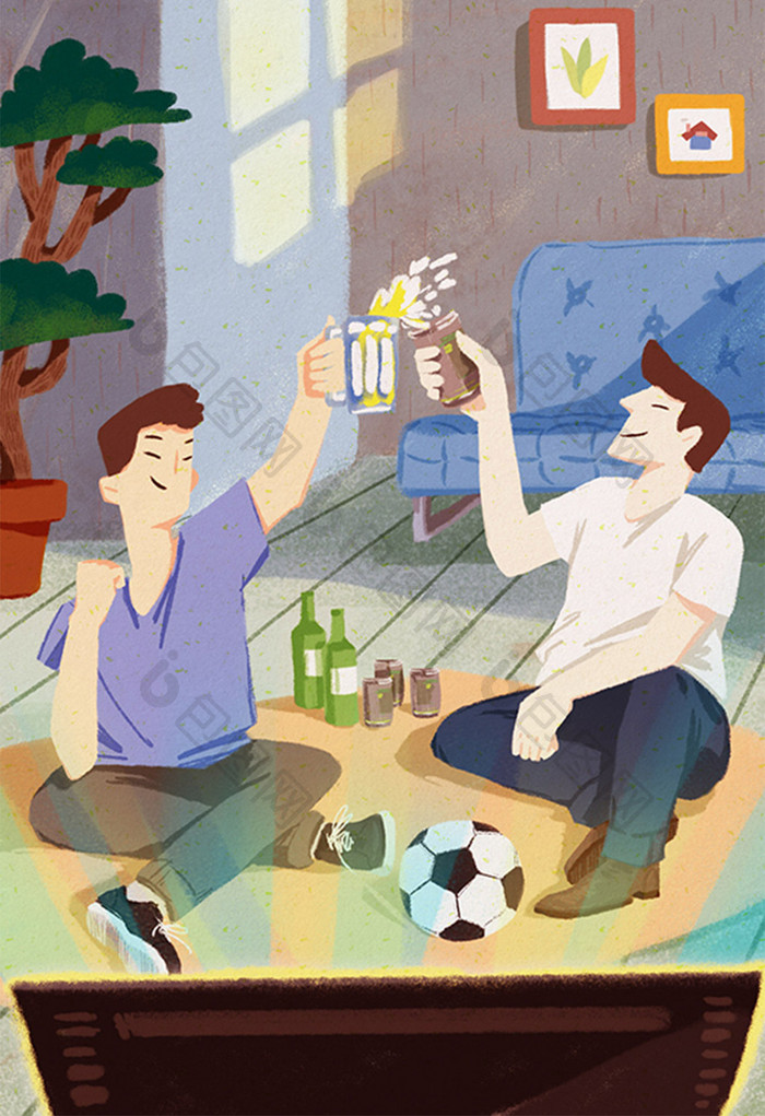 卡通风格球赛世界杯决赛球迷啤酒庆祝插画