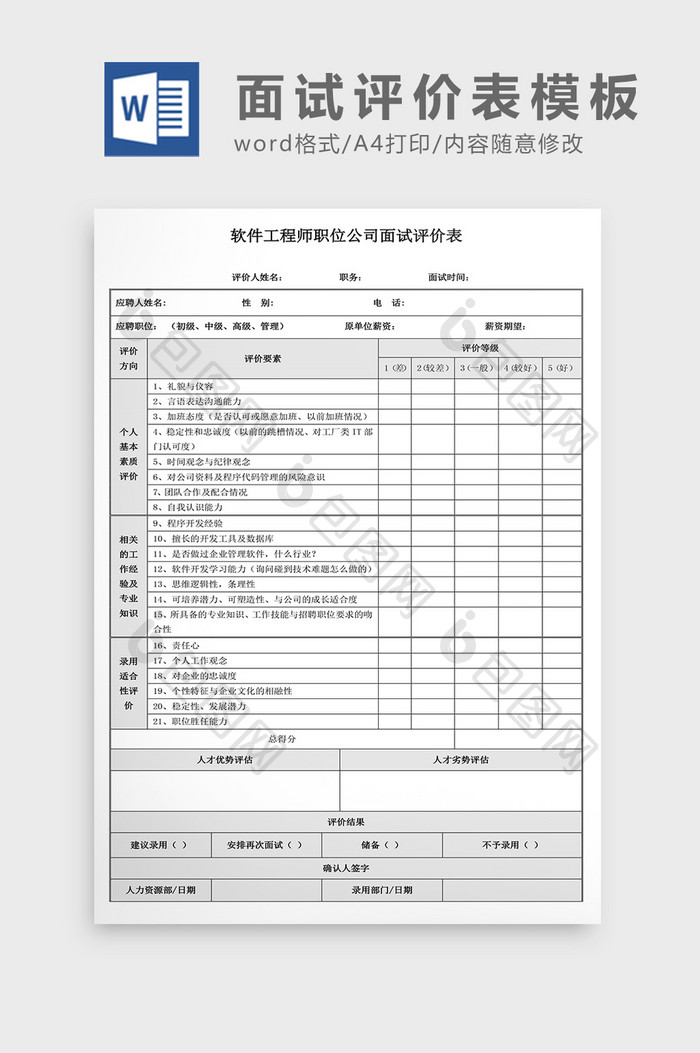 简约人事面试测评表Word模板