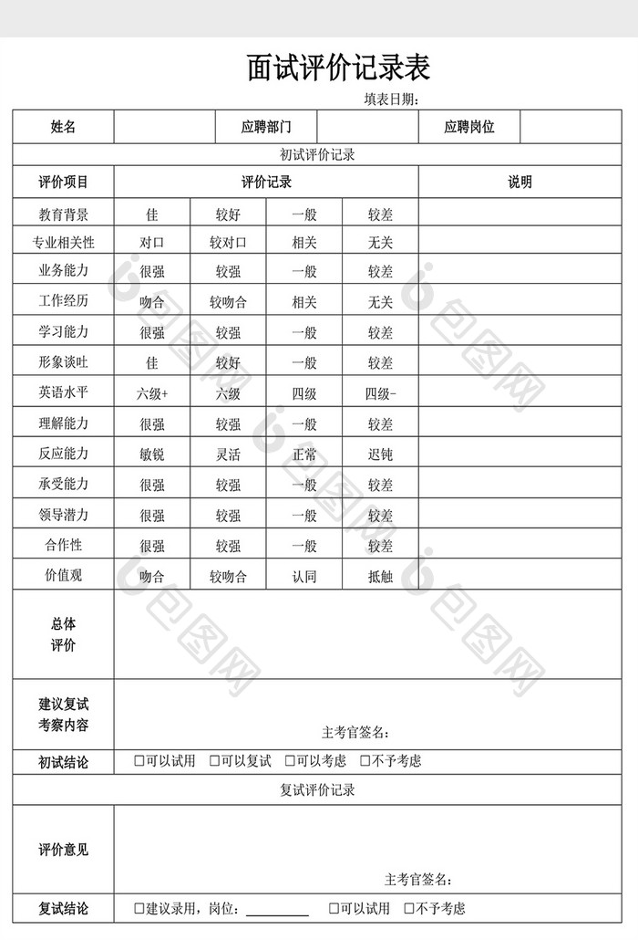 人事面试评价表Word模板