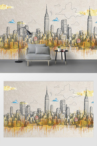 现代简约手绘质感金色城市电视背景墙图片