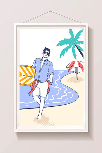 描边风小清新海边冲浪板男生插画图片下载