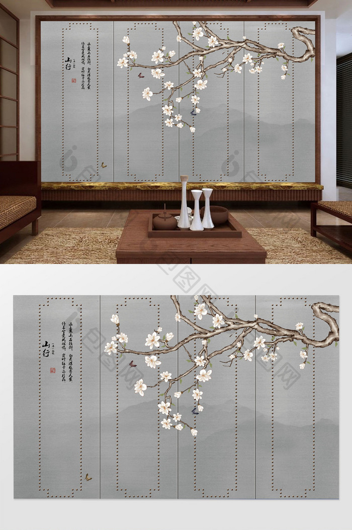 新中式手绘玉兰花鸟家和富贵背景墙