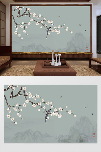 新中式手绘花鸟花朵玉兰电视背景墙装饰画图片