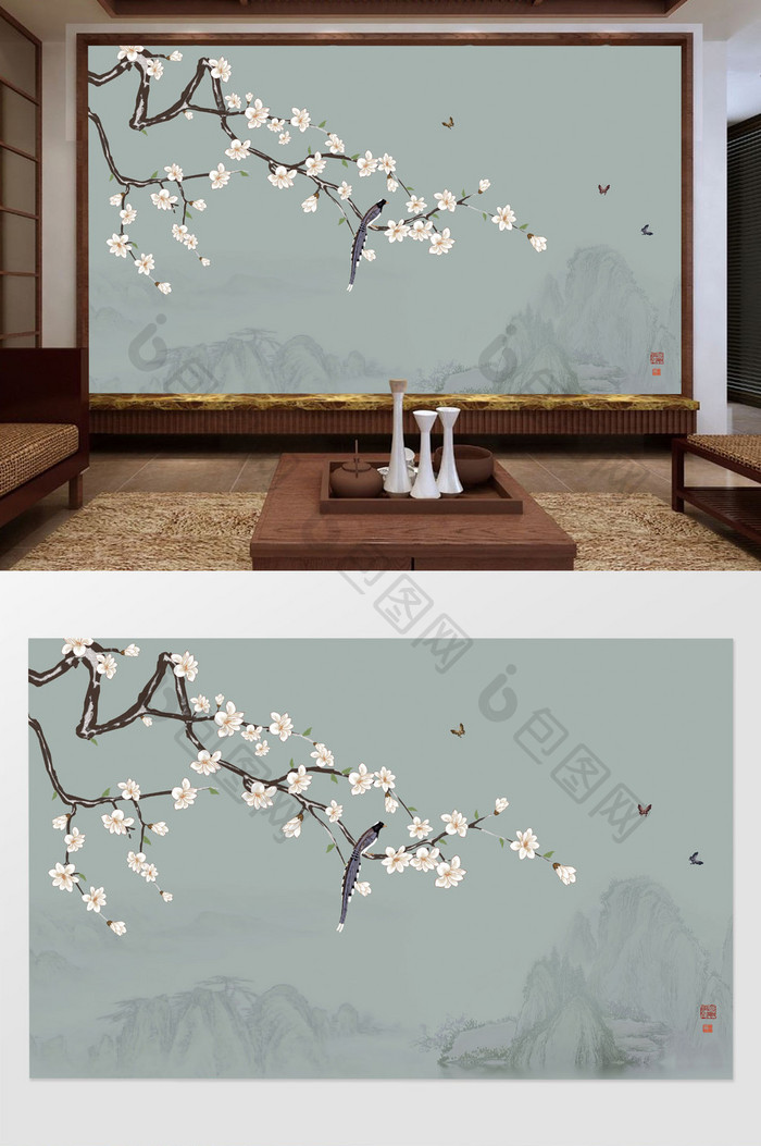 新中式手绘花鸟花朵玉兰电视背景墙装饰画