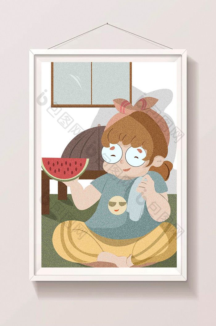 彩色夏季可爱女孩吃西瓜插画