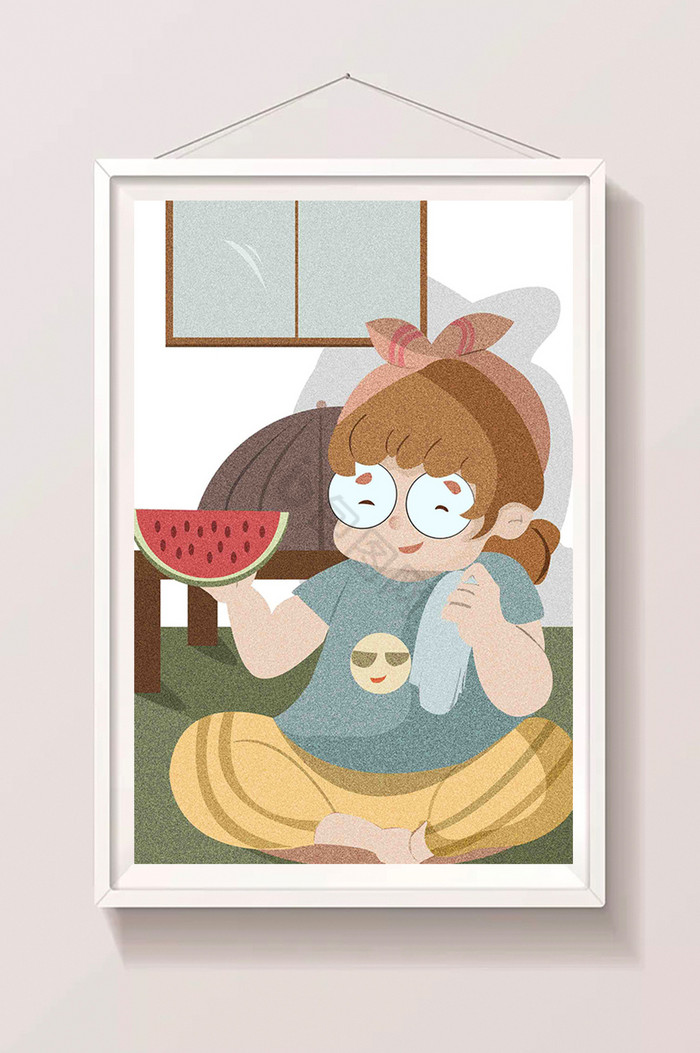 彩色夏季女孩吃西瓜插画图片