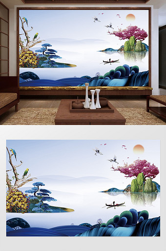 新中式油画插花山水情电视背景墙图片