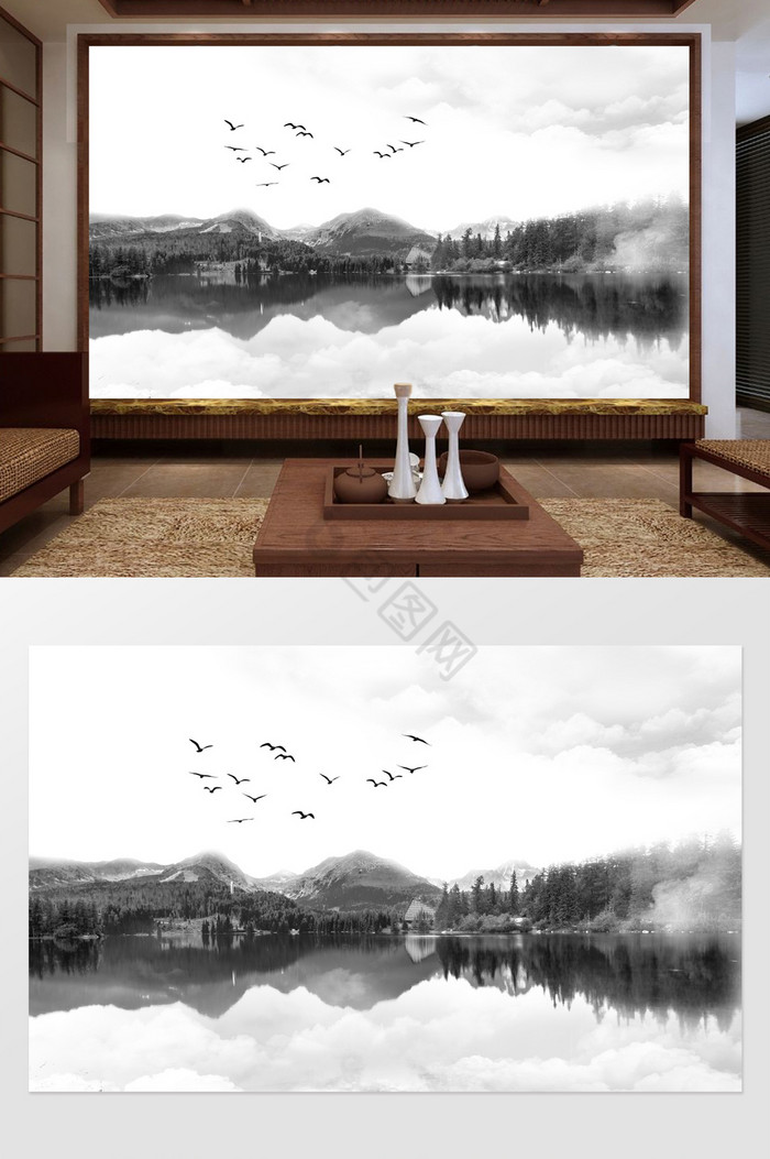 新中式山水抽象定制日出背景墙图片