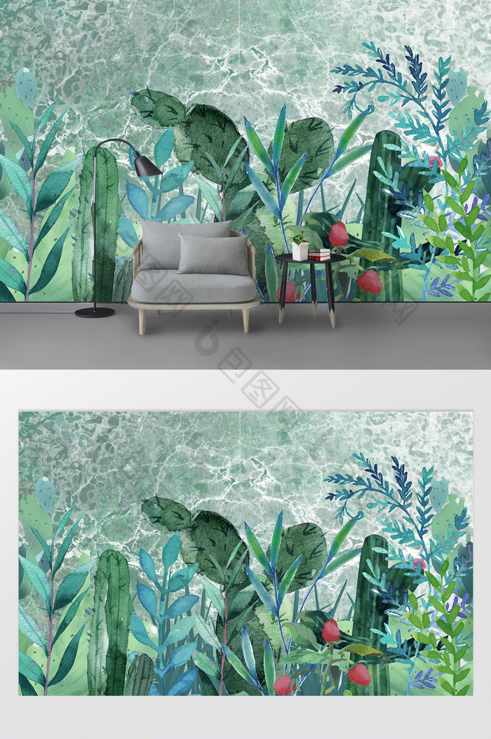 现代蓝色简约唯美大气手绘植物背景墙