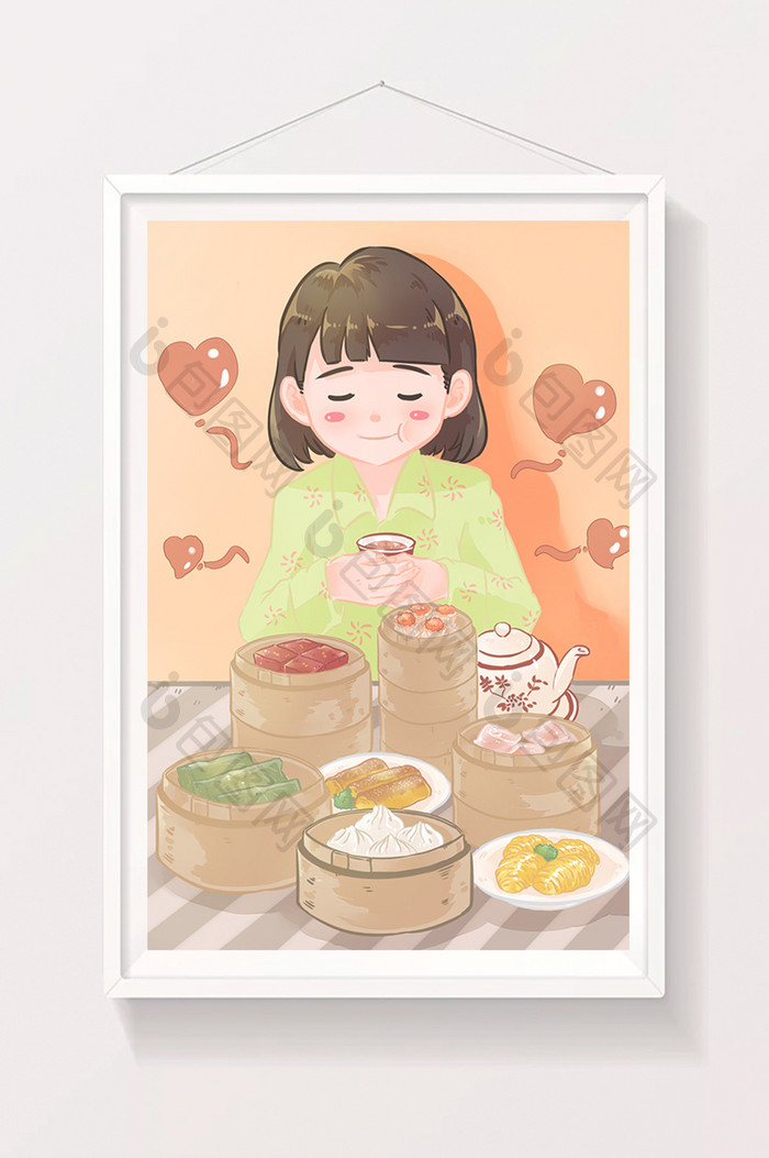 橘色简约唯美卡通传统美食广州早茶插画