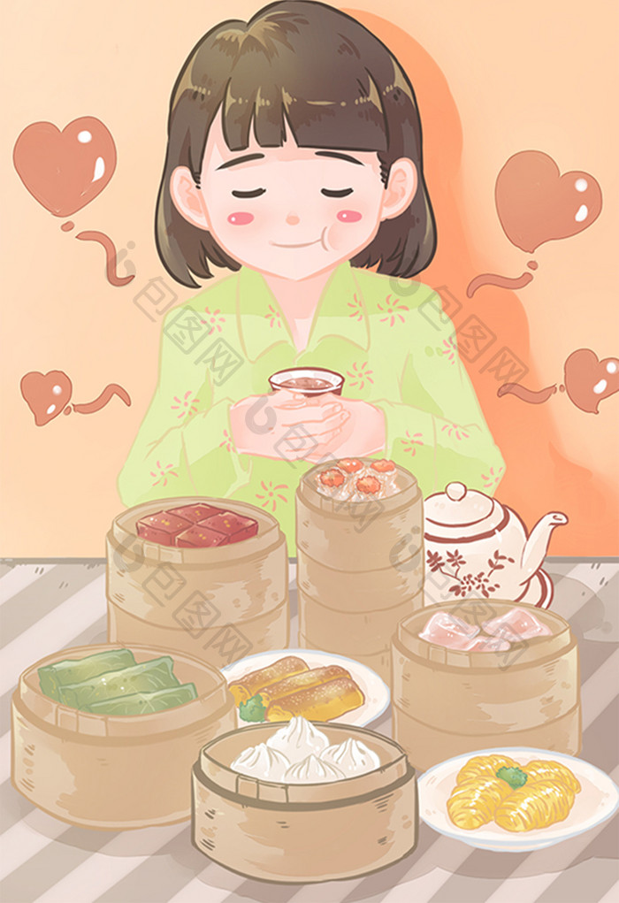 橘色简约唯美卡通传统美食广州早茶插画