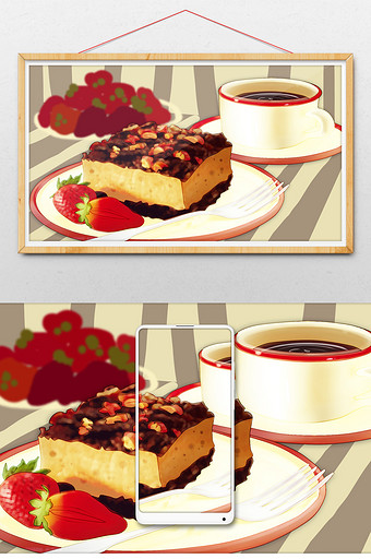 暖色蛋糕咖啡食物插画图片