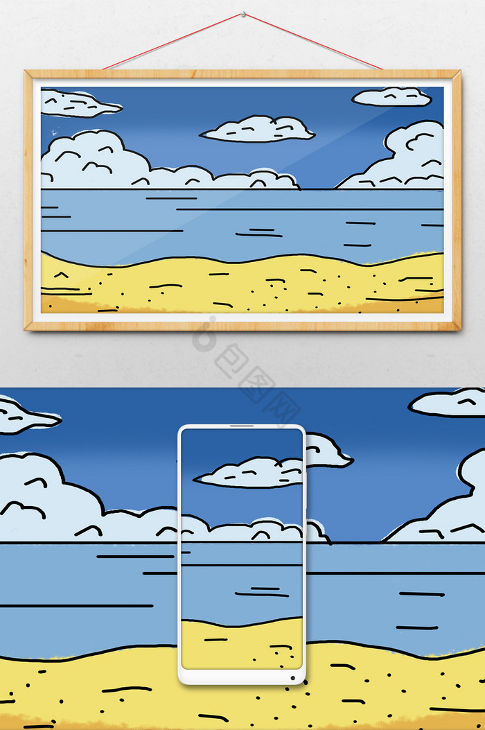 风海边沙滩云朵插画图图片
