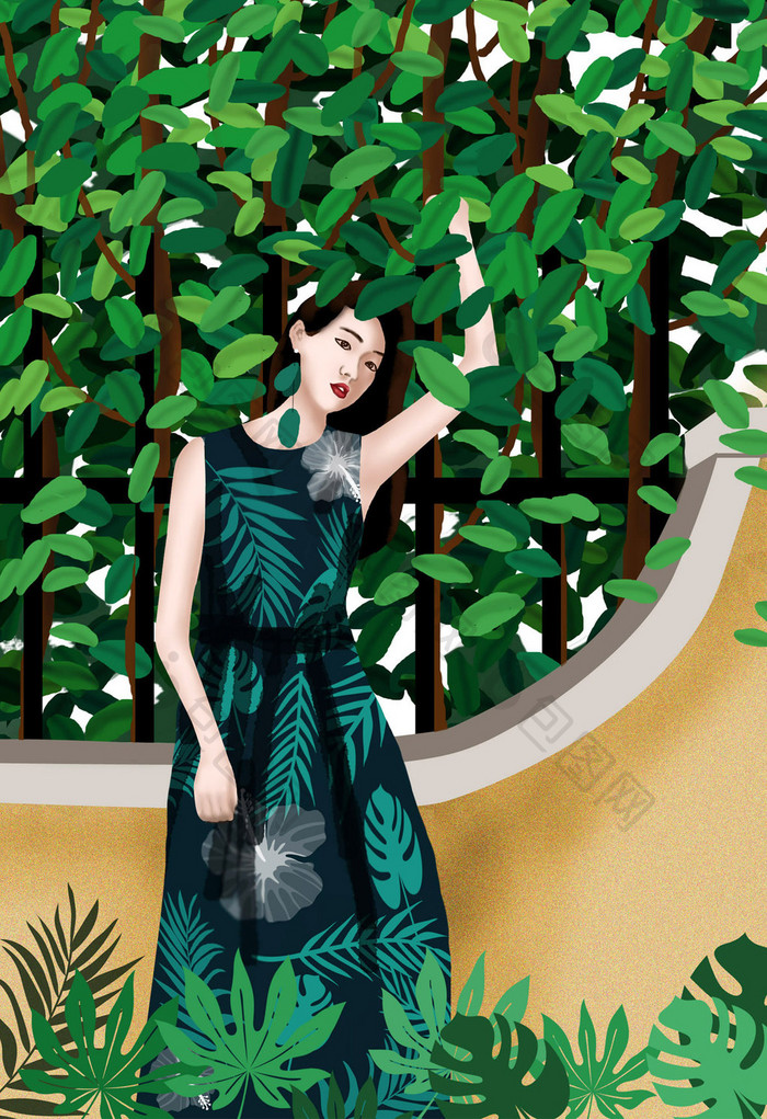 唯美绿色清凉夏季时尚女性美裙时装手绘插画