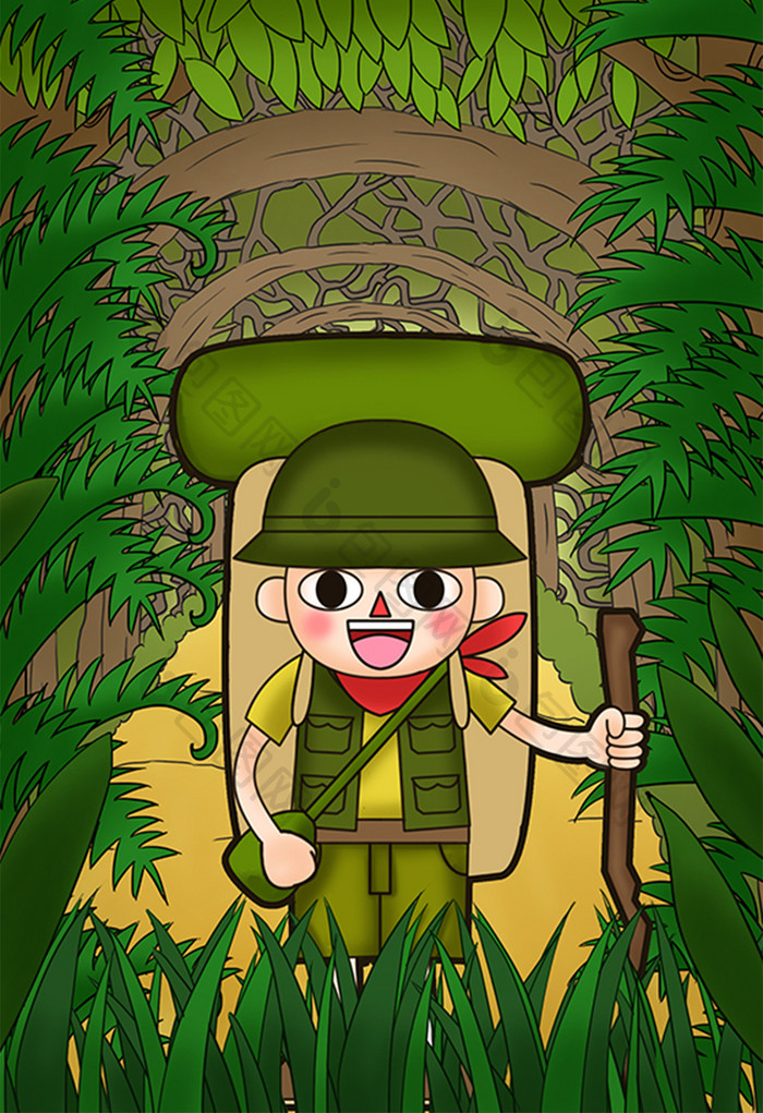 绿色暑假学生儿童军训夏令营森林冒险插画