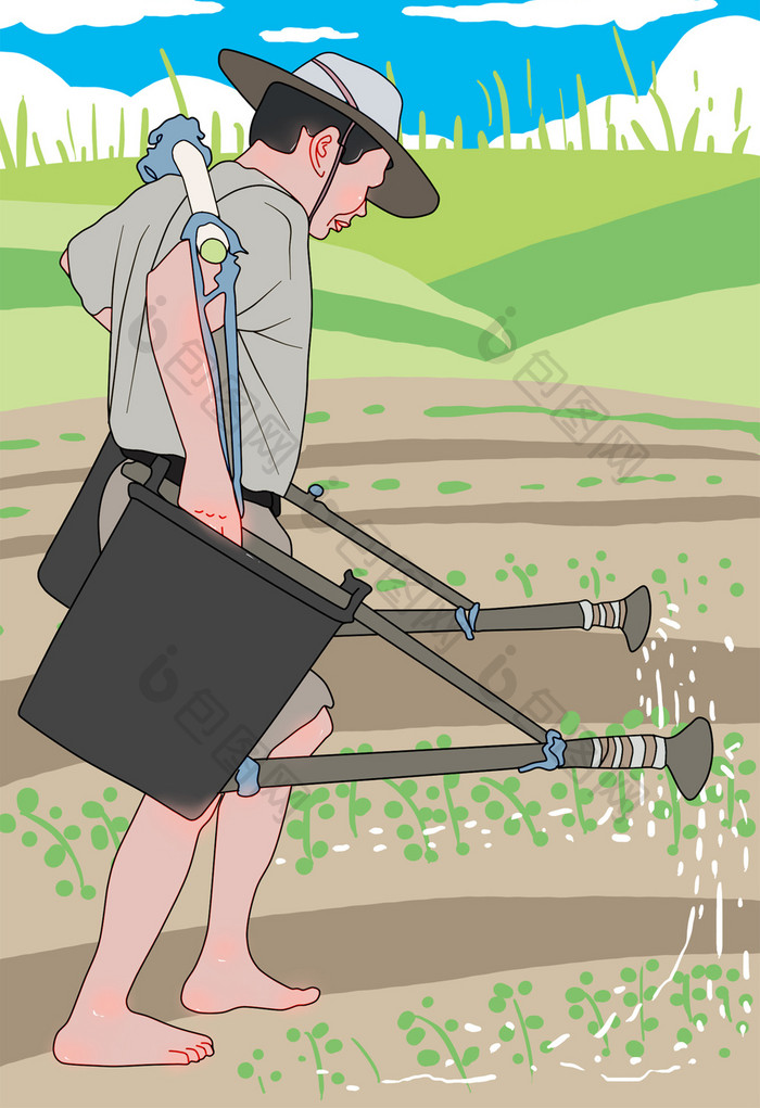 小暑手绘淡彩农田灌溉插画