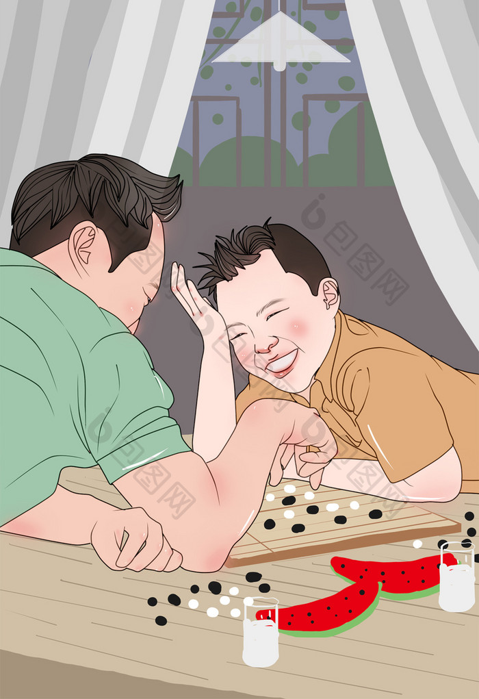 暑假时光清新唯美父子围棋插画