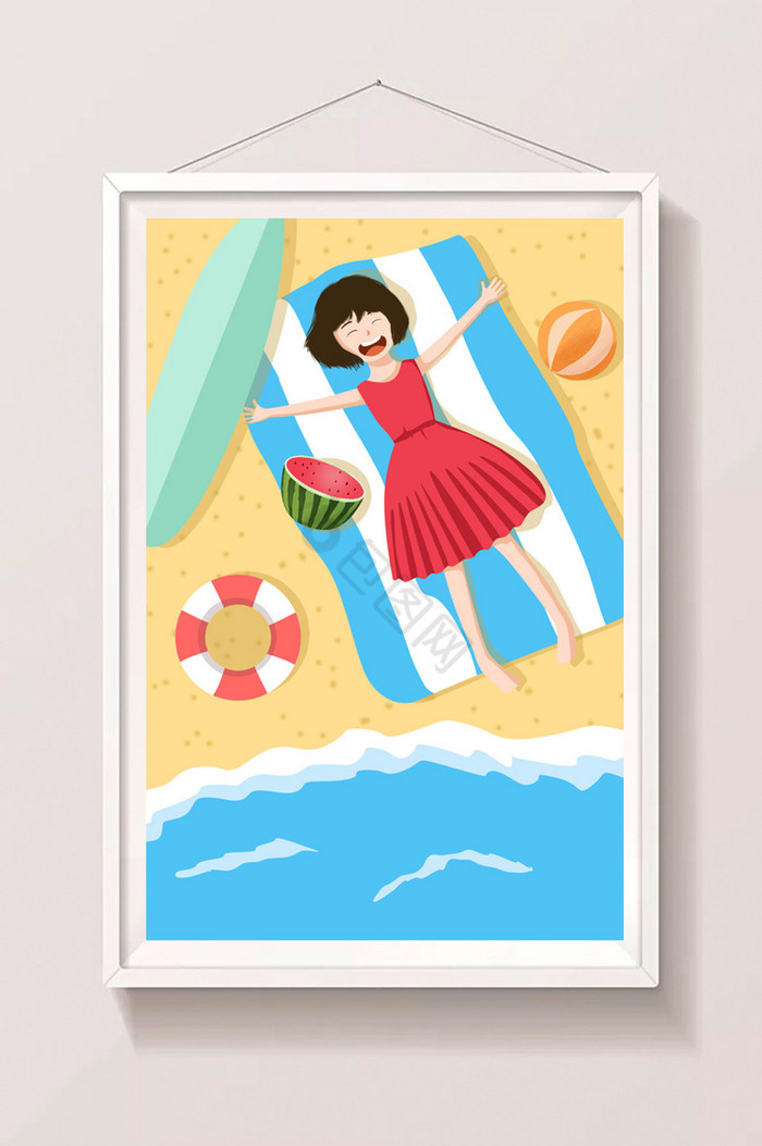 夏天阳光沙滩美女插画图片