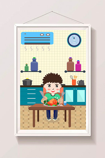 可爱男孩室内厨房吃饭暑假生活插画图片