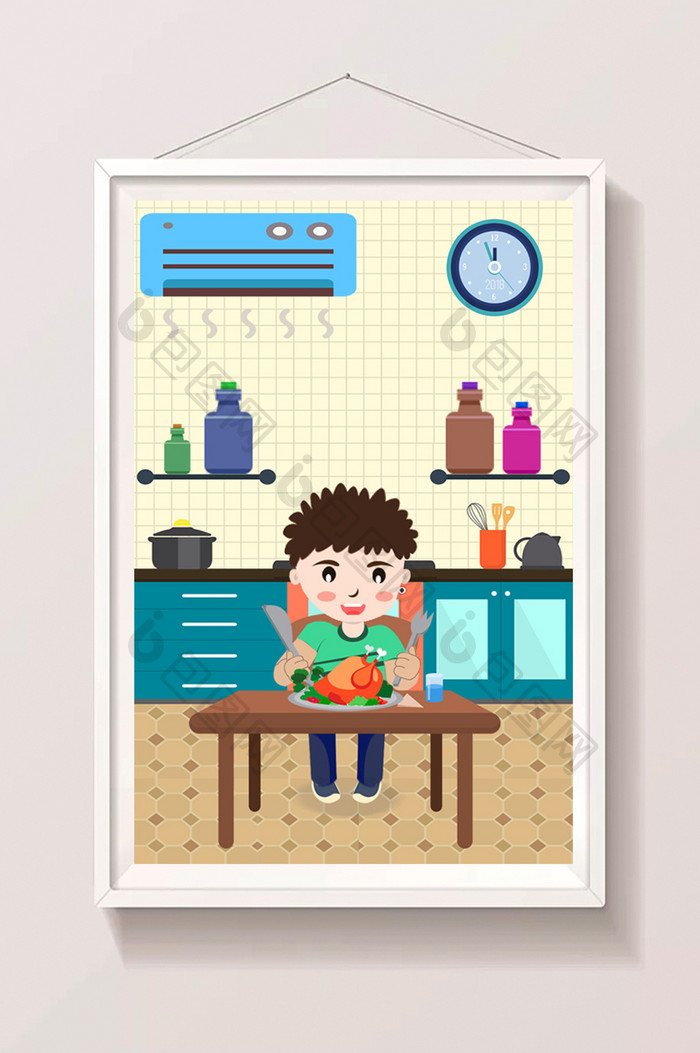 可爱男孩室内厨房吃饭暑假生活插画