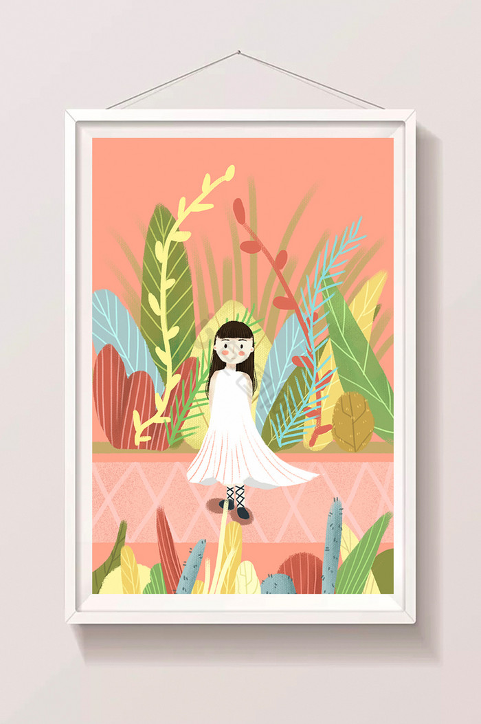 夏天小女孩在植物中插画图片