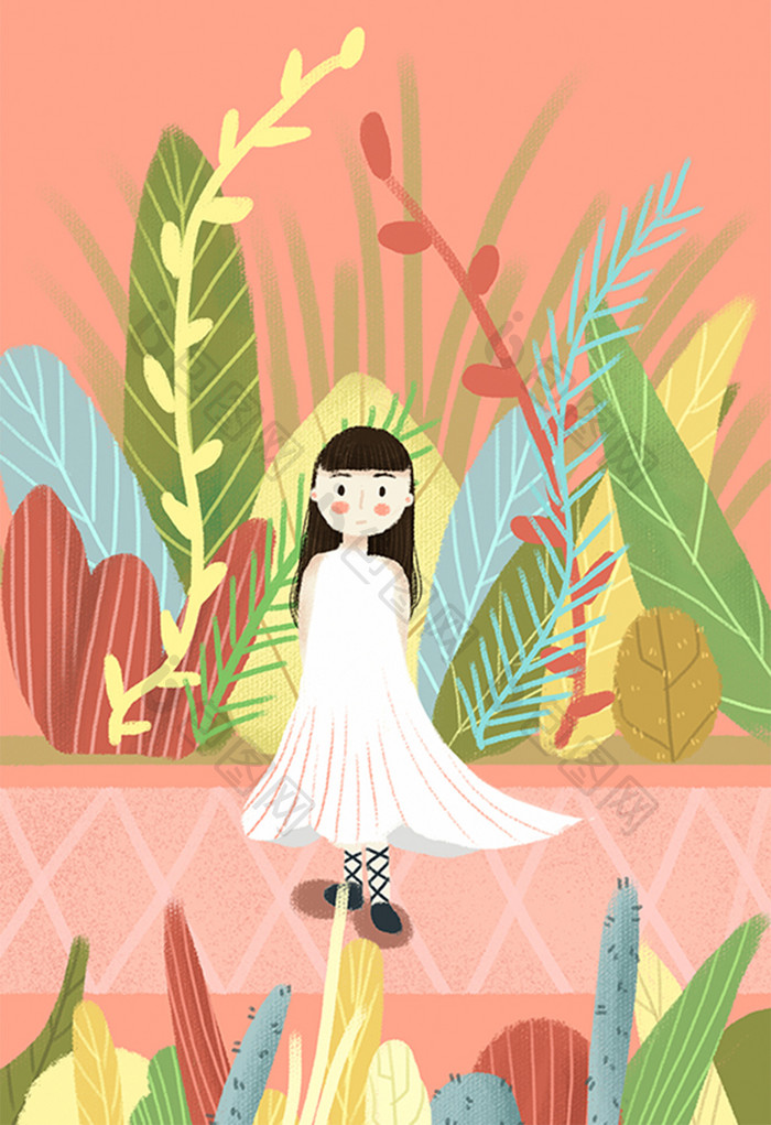 小清新夏天小女孩在植物中插画