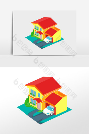 卡通等距房子别墅停车场度假矢量元素图片