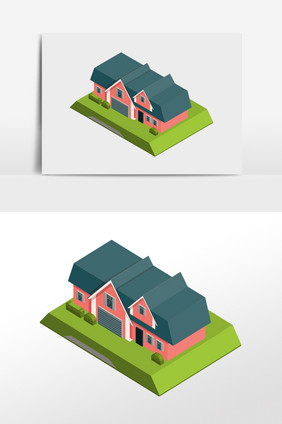 卡通等距房屋别墅家庭矢量元素