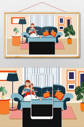 扁平风暑假居家生活窝在沙发看电视图片