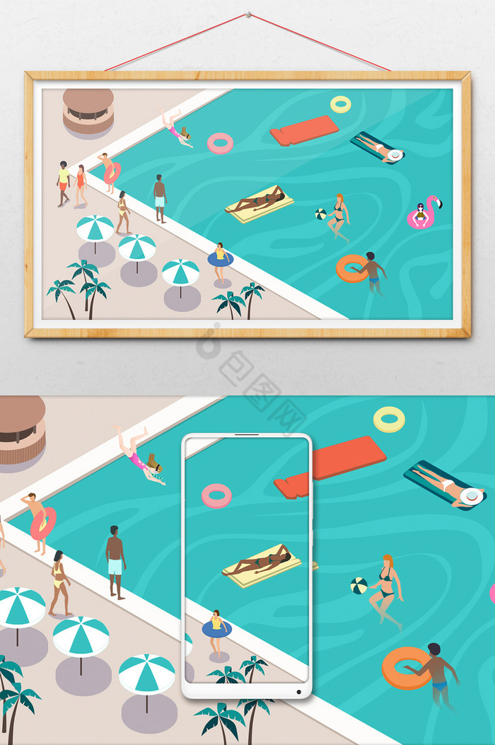 清爽泳池游泳暑假生活插画图片