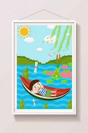 创意唯美西瓜船湖上悠闲男孩小暑插画图片