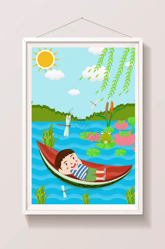 西瓜船湖上悠闲男孩小暑插画图片