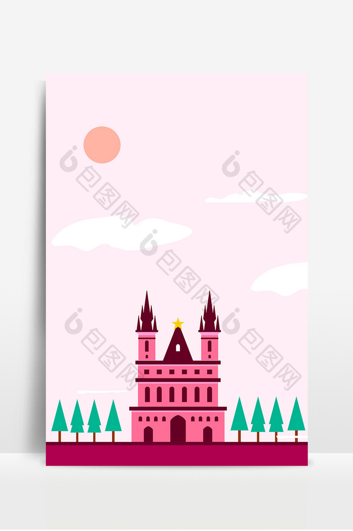 粉色扁平卡通城堡建筑广告背景图片