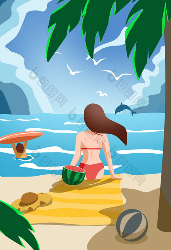 清新手绘卡通大暑小暑假期旅行沙滩插画