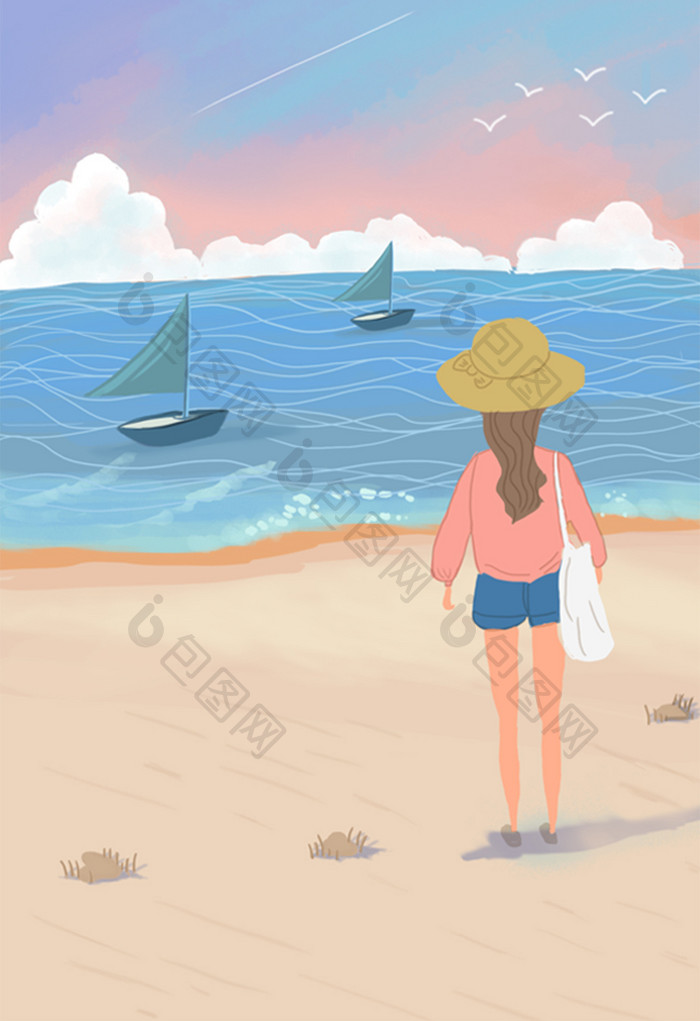 唯美治愈女孩大海旅游插画