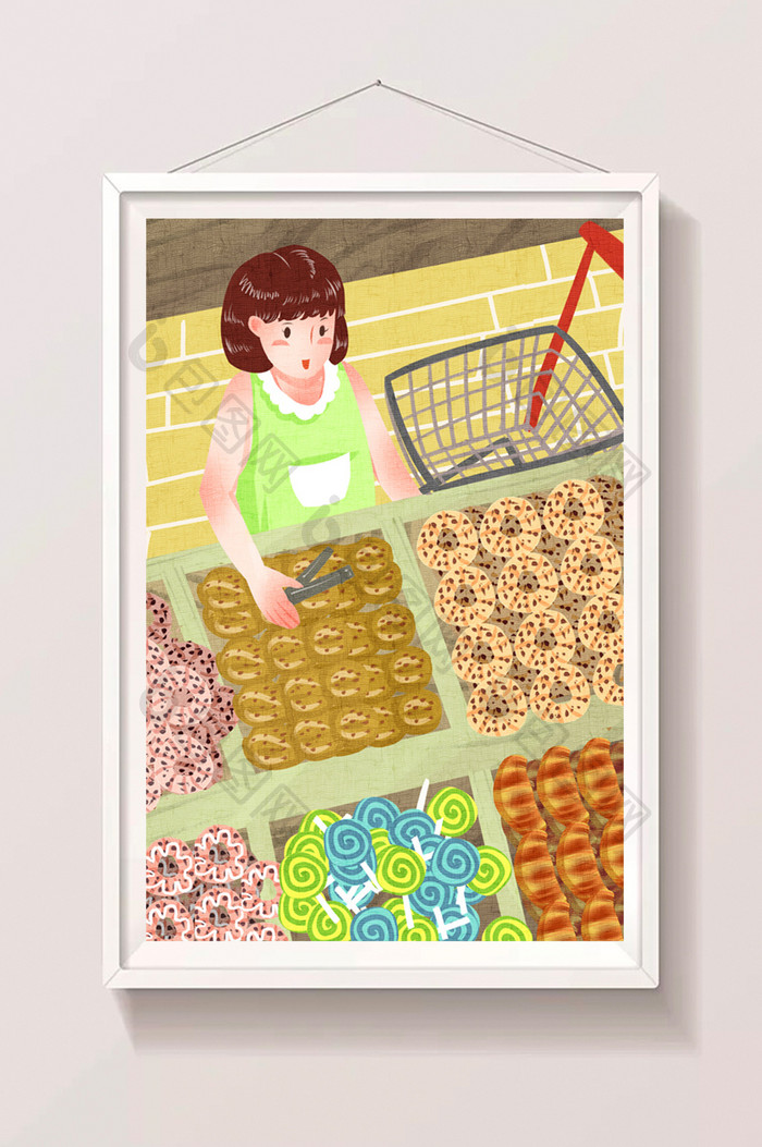 卡通可爱女孩逛超市零食美食插画