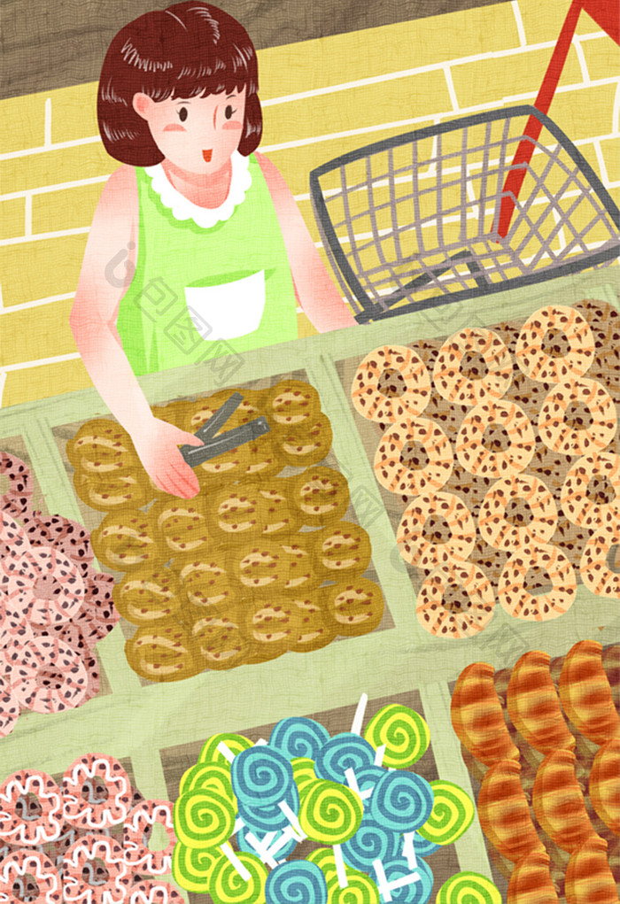 卡通可爱女孩逛超市零食美食插画